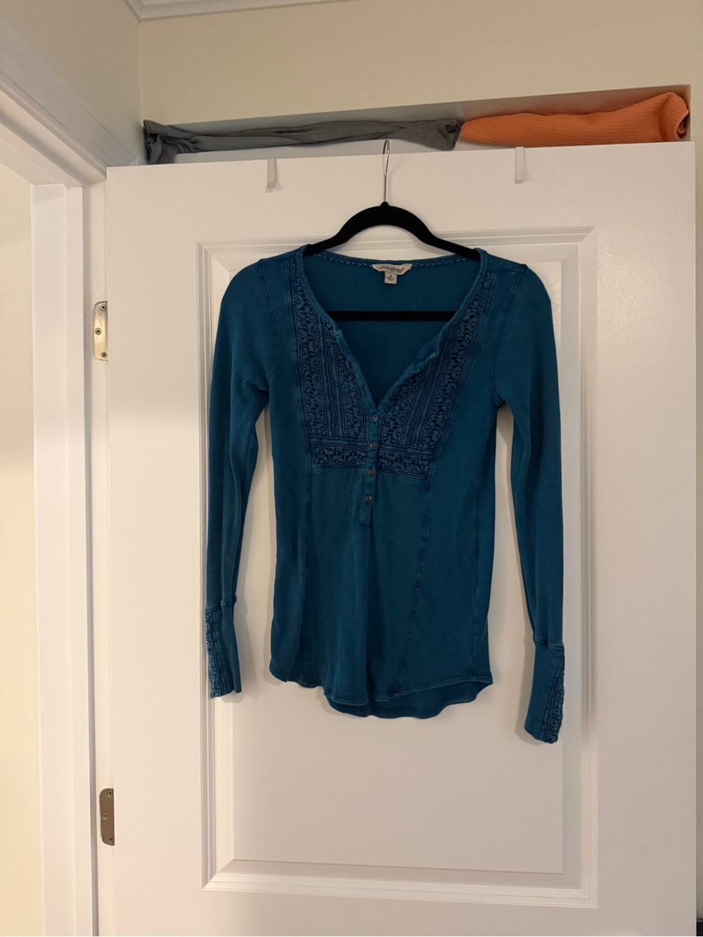 Lucky Brand Teal Embroidered Henley Long-Sleeve Top